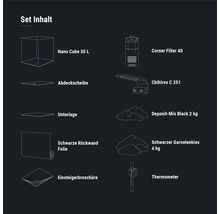 Inhalt des Aquariensets mit Nano Cube 30 Liter, Eckfilter 40, Abdeckscheibe, Unterlage, Chihiros C 251, Deponit-Mix Black 2 Kilogramm, schwarzer Rückwandfolie, schwarzem Garnelenkies 4 Kilogramm, Einsteigerbroschüre und Thermometer