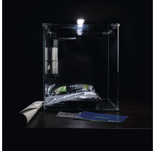 Aquarium mit Filter, Lampe, Bodengrund und Broschüre