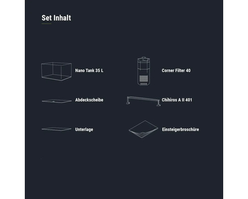 Set Inhalt: Nano Tank 35 Liter, Eckfilter 40, Abdeckscheibe, Chihiros A II 401, Unterlage und Einsteigerbroschüre