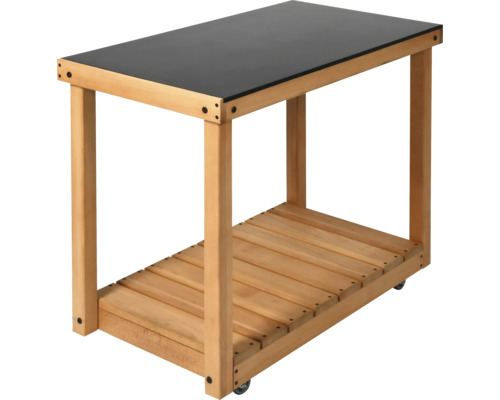 Table de jardin roulante avec étagère en bois et plan de travail