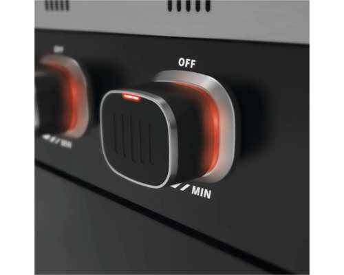 Nahaufnahme eines Drehknopfes zur Temperaturregelung am Grill mit den Aufschriften ''Off'' und ''Min''.