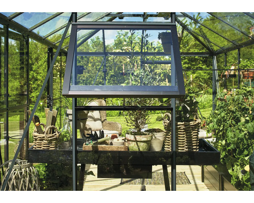 Gewächshaus mit geöffnetem Fenster und Pflanzen