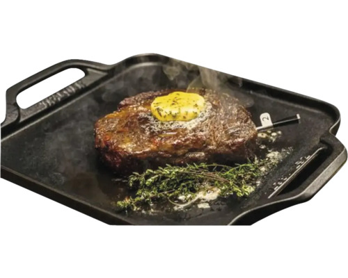 Steak avec beurre aux herbes et thermomètre sur plaque en fonte