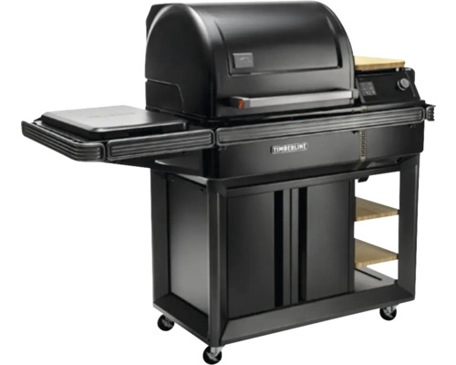 Gril à granulés noir avec surfaces de rangement et armoire basse pour l''extérieur