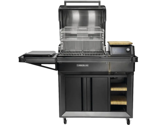 Grill ouvert avec grilles de cuisson, table d''appoint, plan de travail et meuble bas