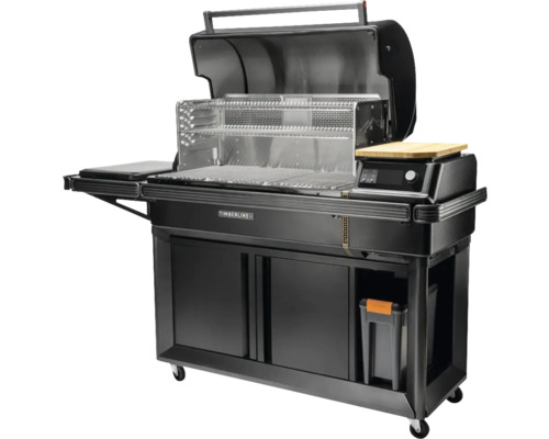 Barbecue Timberline noir ouvert avec espace de rangement, commande numérique et meuble bas.