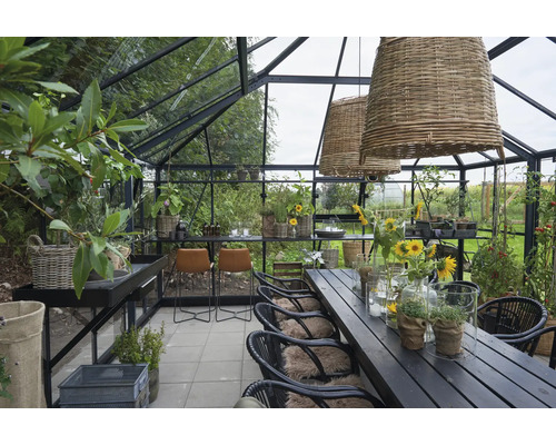 Gewächshaus mit Esstisch, Stühlen und Pflanzen für den Garten