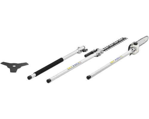 Outil de jardin multifonctionnel avec tête de coupe-bordure, tête de taille-haie et tête de tronçonneuse