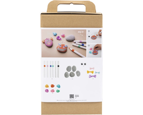 Verpackung eines Steine bemal Sets mit Steinen, Stiften, Augen und Schleifen