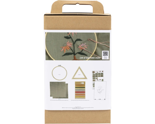 Stickset mit Stickrahmen, Stoff, Garn und Mustern