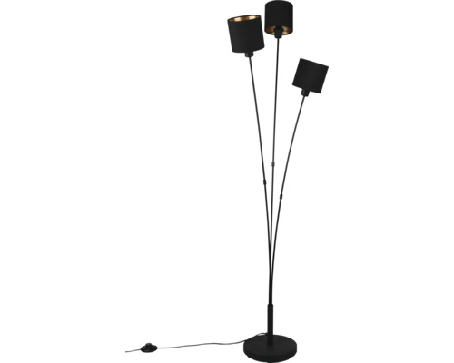 Schwarze Stehlampe mit drei Leuchten und runden Lampenschirmen