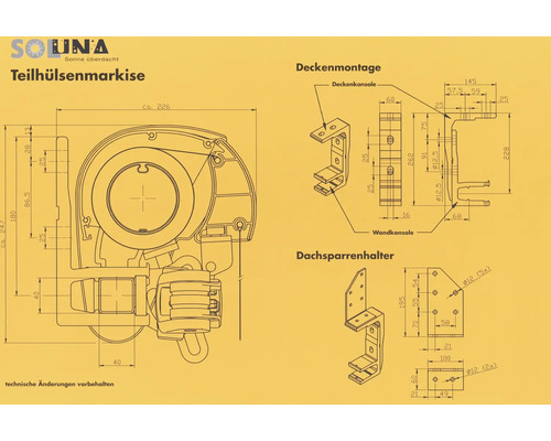Technische Zeichnung einer Soluna Teilhülsenmarkise mit Maßen für Deckenmontage und Dachsparrenhalter