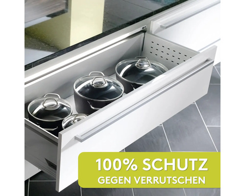 Tiroir de cuisine avec casseroles et texte 100 % protection contre le glissement