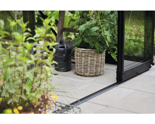 Szene mit Gewächshaus, Giesskanne und Pflanzen in einem Korb.