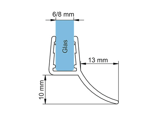 Dessin d''un joint de douche avec indications de dimensions pour l''épaisseur du verre, la hauteur et la longueur