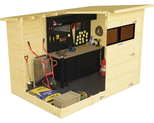 Abri de jardin en bois avec établi, outils et matériel de jardinage