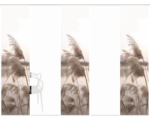 Dekoratives Sichtschutzrollo mit Schilfmotiv und weissem Stuhl