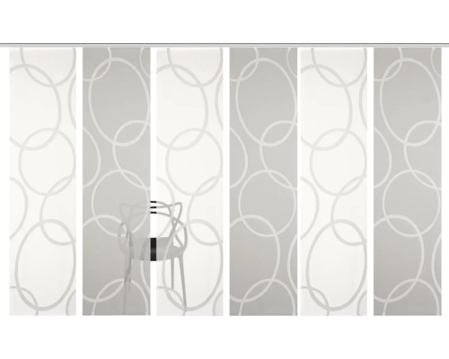 Schiebegardine mit Kreismuster und Stuhl im Raum