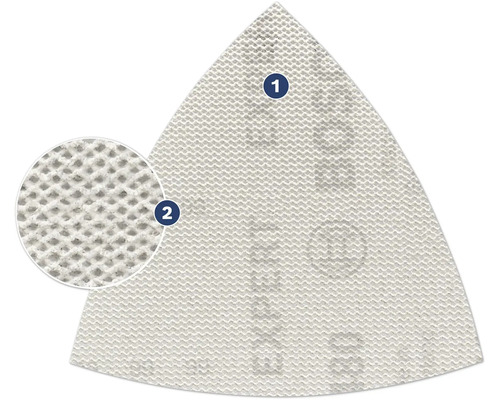 Papier abrasif triangulaire avec fixation auto-agrippante et gros plan de la structure du papier abrasif