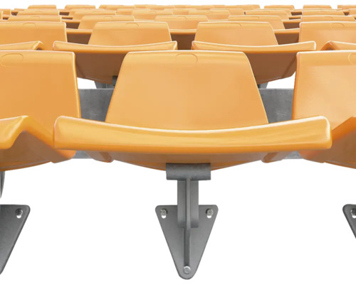 Reihe von Stadionsitzen aus Kunststoff mit Metallhalterung