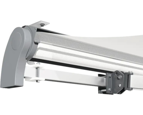 Detailansicht einer Gelenkarmmarkise mit Montageelementen