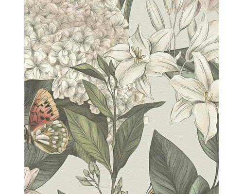Papier peint à motifs floraux avec hortensias, lys et papillon
