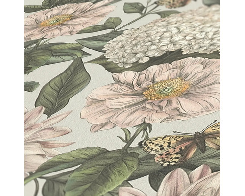 Papier peint avec des fleurs et des papillons