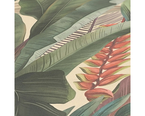 Vue détaillée d''un papier peint avec motif de feuilles et de fleurs tropicales