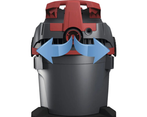 Gros plan d''un aspirateur eau et poussière avec des flèches bleues illustrant la circulation de l''air