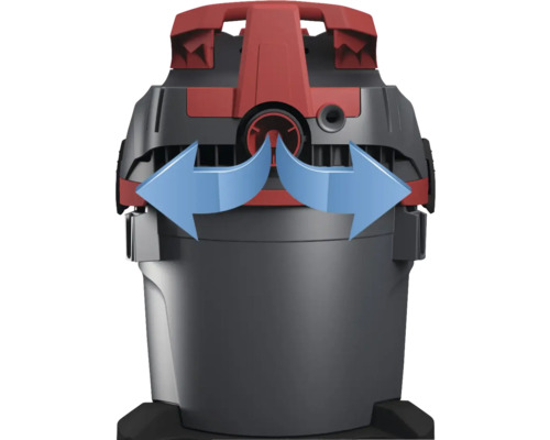 Vue détaillée d''un aspirateur eau et poussière avec des flèches bleues indiquant le flux d''air.