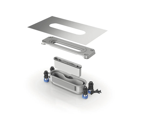 Explosionsansicht eines rechteckigen Ablaufs mit Dichtungen, Schrauben und Metalleinsatz