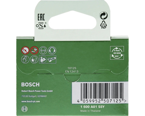 Verpackung mit Sicherheitshinweisen und Bosch Logo