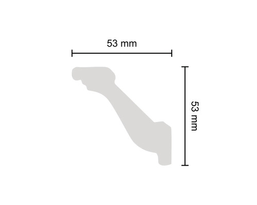 Profil de dimension d''une moulure décorative d''une longueur et d''une largeur de 53 millimètres.