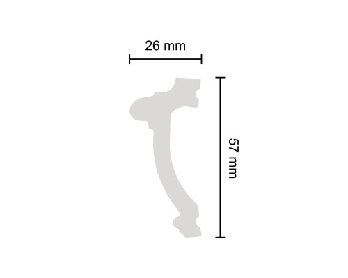 Section transversale d''une moulure d''ornement avec des dimensions de 26 mm de large et 57 mm de haut.