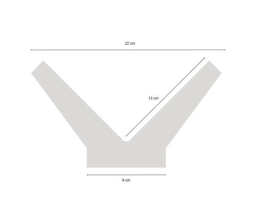 Dimensions d''un produit en forme de V : 22 cm de large, 13 cm de haut, 9 cm de largeur de base