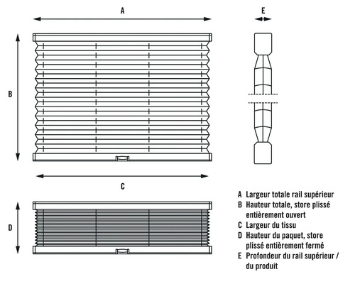 Schéma technique d''un store plissé avec indication des dimensions