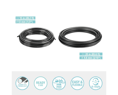 Deux rouleaux de tuyaux d''irrigation de 15 mètres et 20 mètres de long