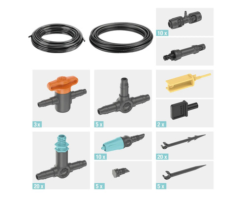 Kit d''irrigation avec tuyaux, raccords et régulateurs pour l''irrigation du jardin