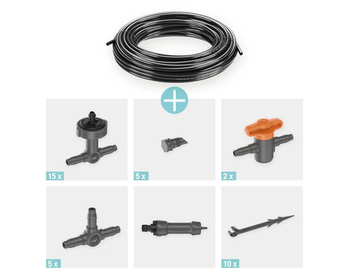 Kit de démarrage Gardena Micro-Drip-System pots de plantes M avec tuyau goutte à goutte, bouchons de régulation, réducteurs, vannes d''arrêt, raccords en T, raccords et supports de tuyau