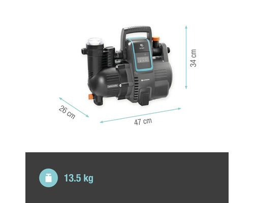Gardena Hauswasserautomat mit den Maßen 26 cm x 47 cm x 34 cm und einem Gewicht von 13,5 kg