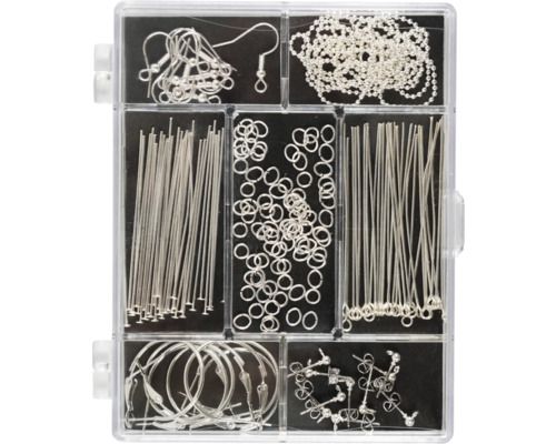 Kit d''accessoires de bijoux dans une boîte transparente avec crochets d''oreille, tiges à boucles, anneaux de jonction, clous à tête plate, puces d''oreilles et chaînes à boules