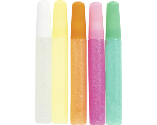 Fünf Glitzerklebestifte mit farbigen Kappen