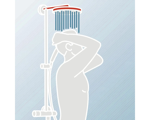 Illustration einer Person, die unter einer Duscharmatur duscht.