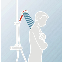 Illustration einer Person, die unter einer Dusche steht