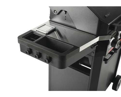Vue détaillée d''un barbecue à gaz noir avec table d''appoint comprenant un récipient et des crochets