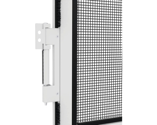 Vue détaillée d''une porte moustiquaire à cadre pivotant, avec charnière et joint brosse