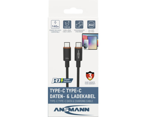 Ansmann Typ-C zu Typ-C Daten- und Ladekabel, 0,6 Meter lang, unterstützt 140 Watt Power Delivery