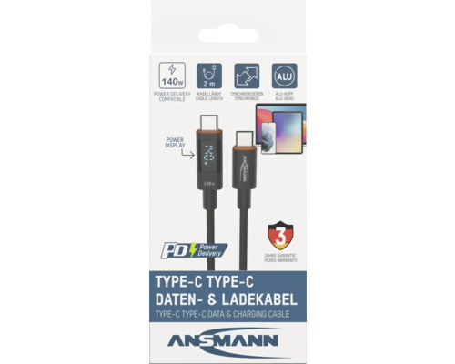 Câble de données et de charge Ansmann Type-C vers Type-C, puissance de 140 watts