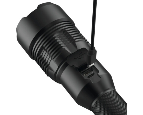 Schwarze Taschenlampe mit USB-Anschluss und Ladekabel