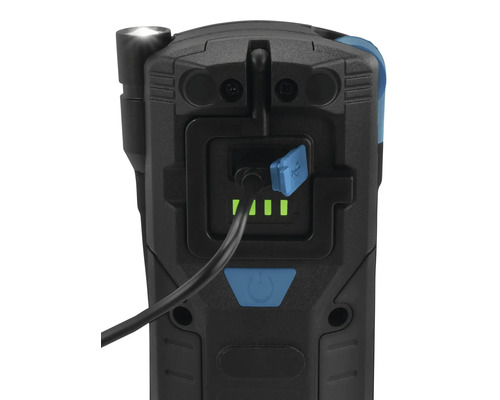 Vue arrière d''une lampe de travail rechargeable avec câble de chargement USB, indicateur de charge et interrupteur marche/arrêt.